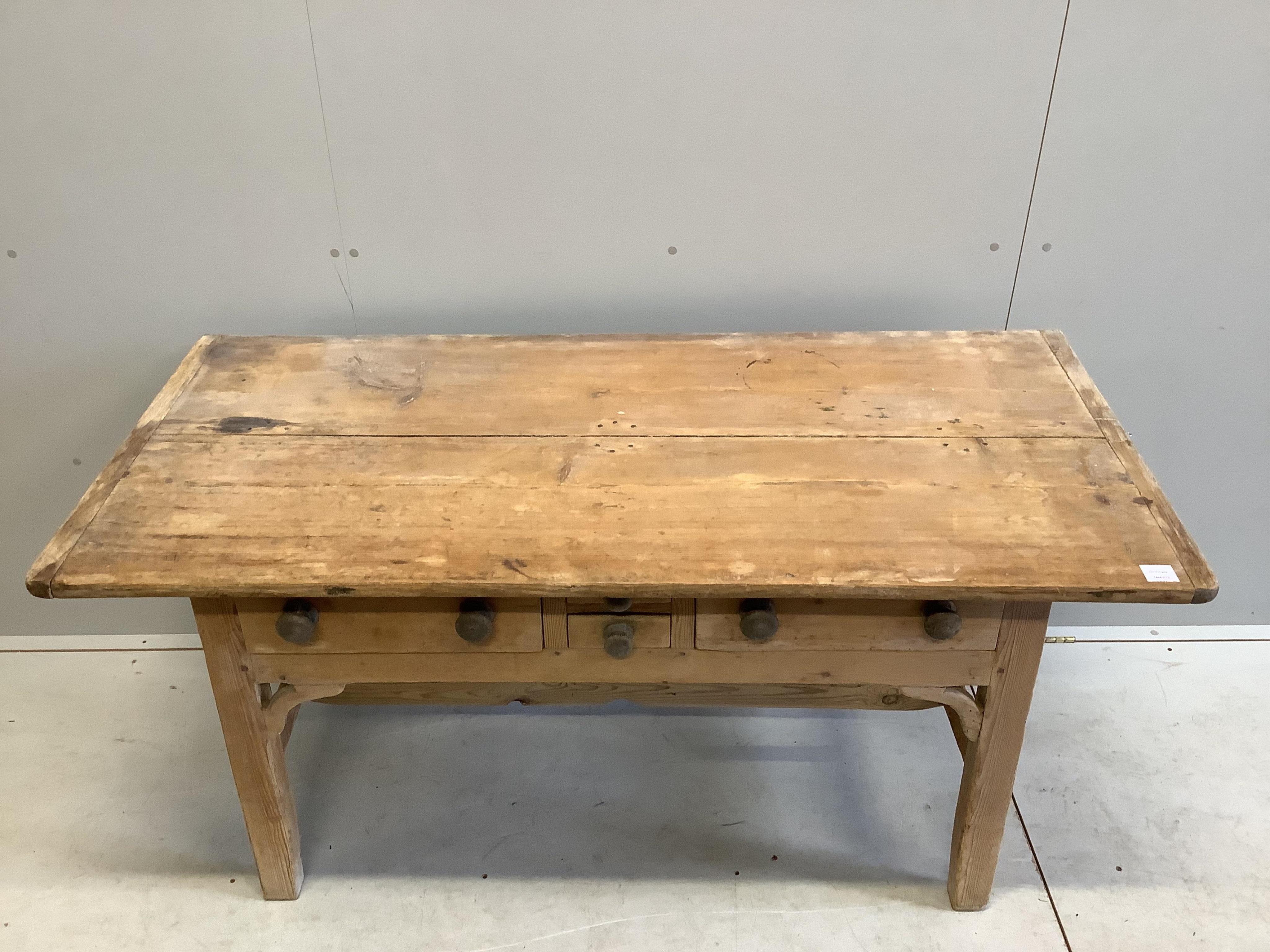 A 19th century rectangular pine four drawer serving table, width 154cm, depth 71cm, height 76cm. Condition - fair